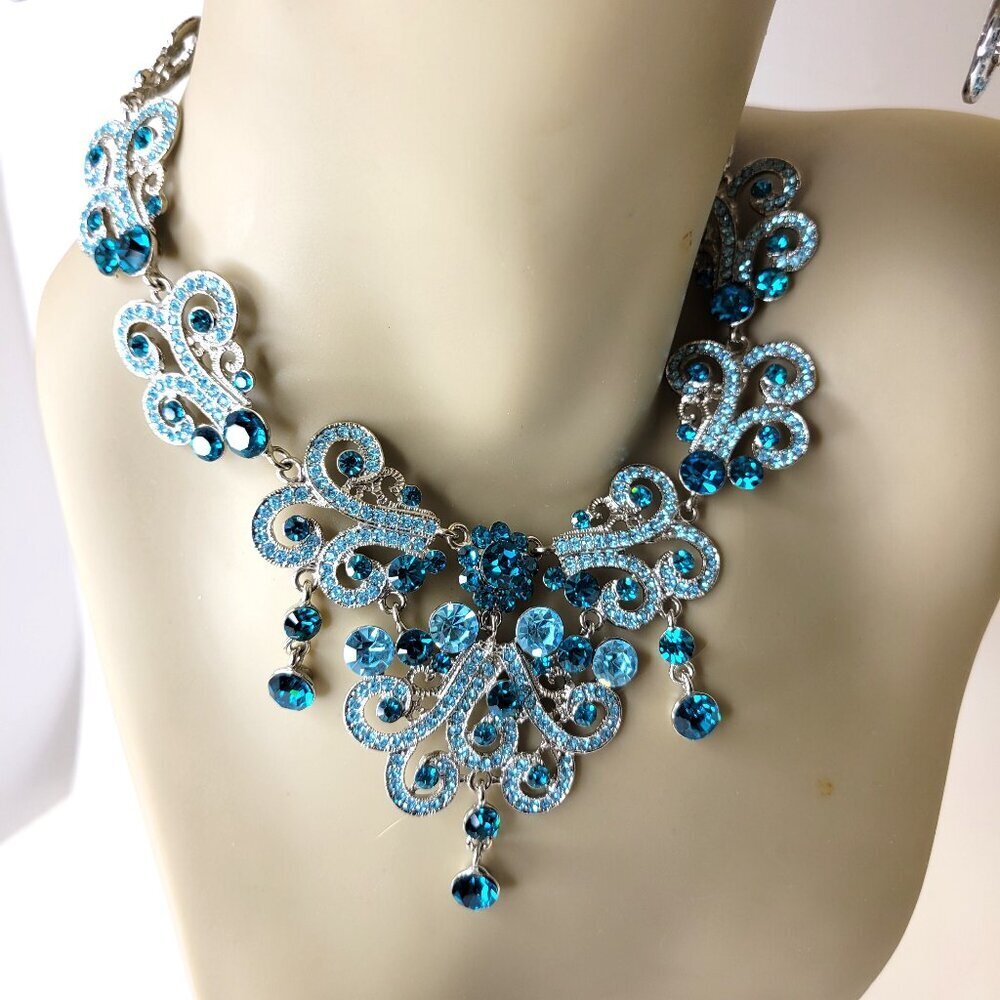 Blue Crystal Rhinestone Statement Necklace with Earrings